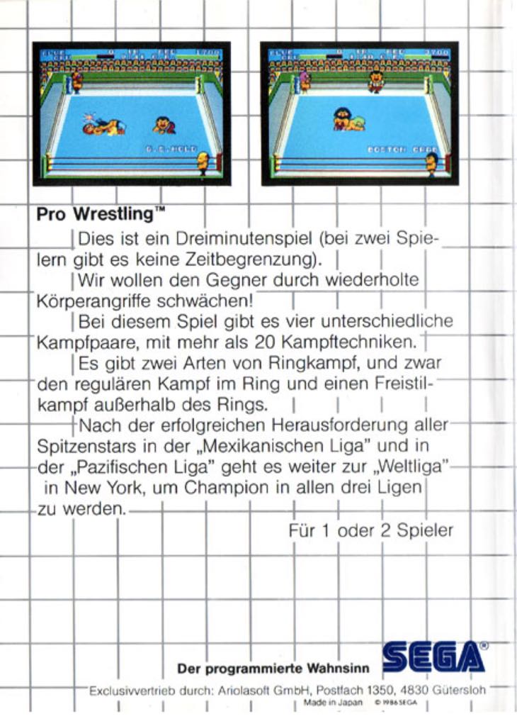 Pro Wrestling - Sega Master System (Sega - 2) video game collectible [Barcode 010086050561] - Main Image 2