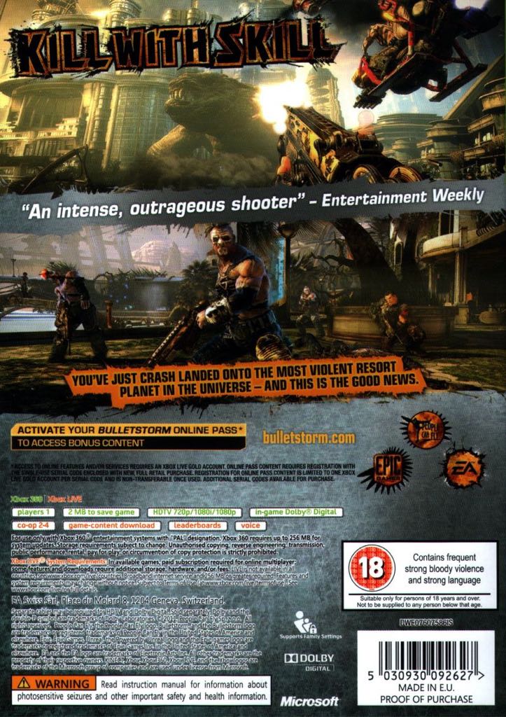 Bulletstorm - Microsoft Xbox 360 ((EA) Electronic Arts - 1) video game collectible [Barcode 5030932092625] - Main Image 2