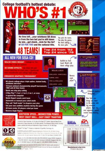 Bill Walsh College Football - Sega CD (Ea Sports - 4) video game collectible [Barcode 014633072815] - Main Image 2