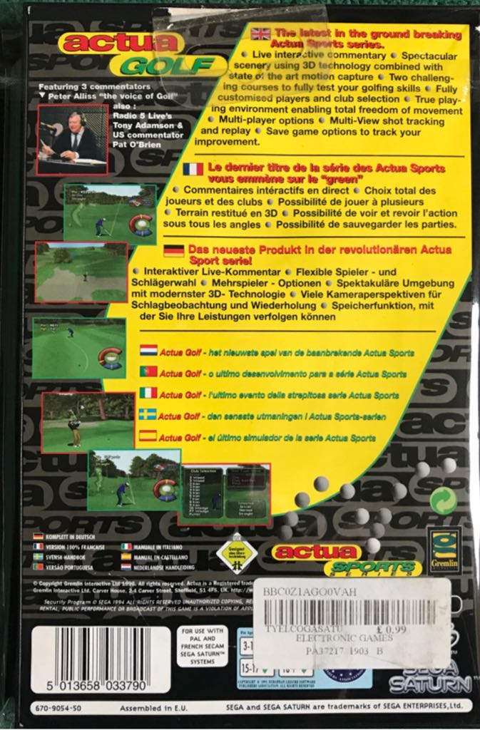 Actua Golf - Sega Saturn (Gremlin Interactive - 1-4) video game collectible [Barcode 5013658033790] - Main Image 2