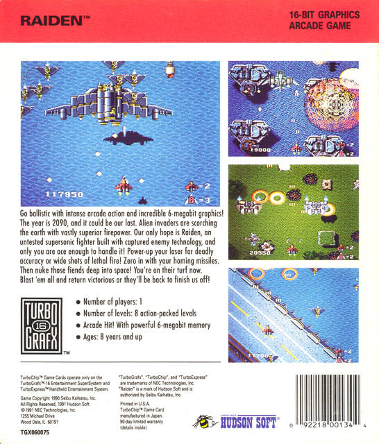 Raiden - NEC TurboGrafx-16 (NEC - 1) video game collectible [Barcode 092218001344] - Main Image 2