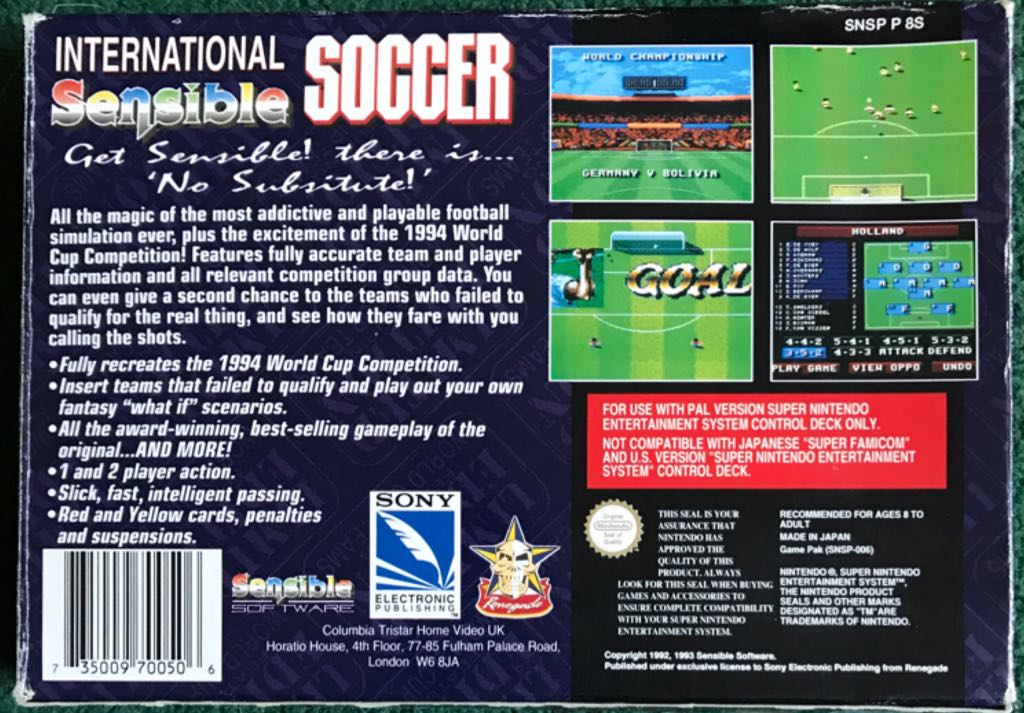 International Sensible Soccer - Nintendo Super Nintendo Entertainment System (SNES) video game collectible [Barcode 735009700506] - Main Image 2
