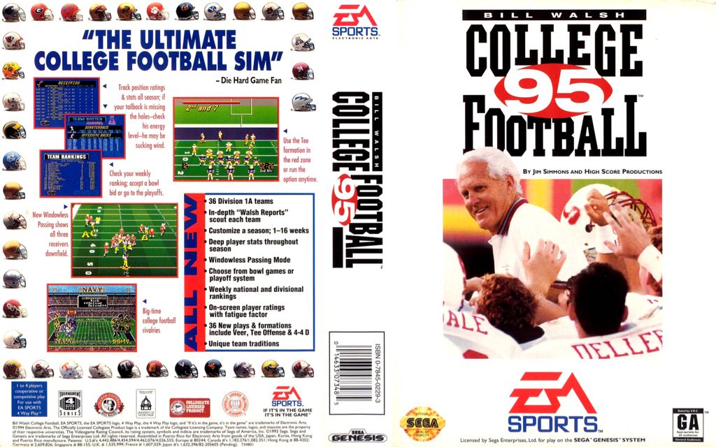 Bill Walsh College Football ‘95 - Sega Genesis (Mega Drive) (EA Sports  - 1-4) video game collectible [Barcode 014633073485] - Main Image 2