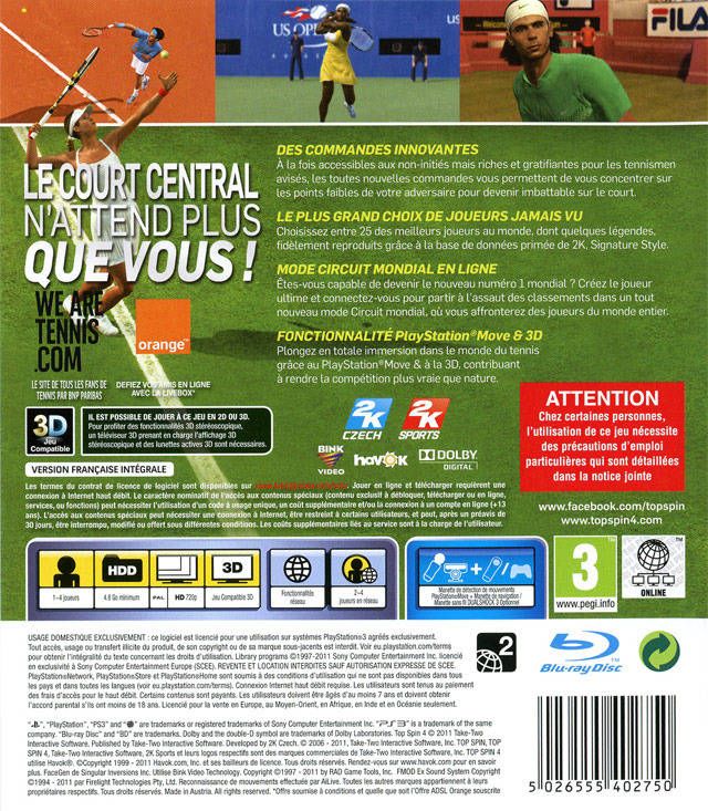 Top Spin 4 - Sony PlayStation 3 (PS3) (2K Sports - 1-4) video game collectible [Barcode 5026555402750] - Main Image 2