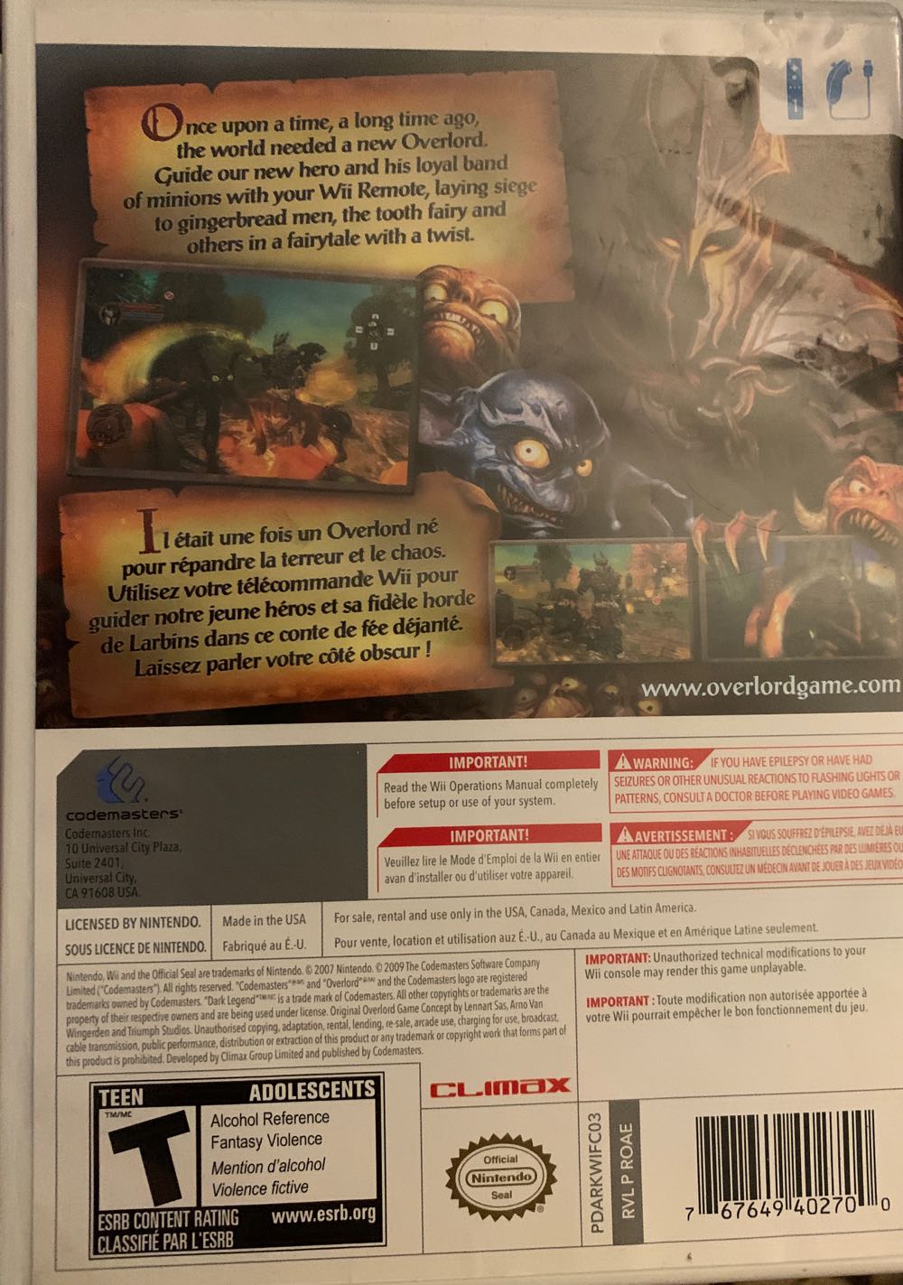 Overlord: Dark Legend - Nintendo Wii (Codemasters - 1) video game collectible [Barcode 767649402700] - Main Image 2