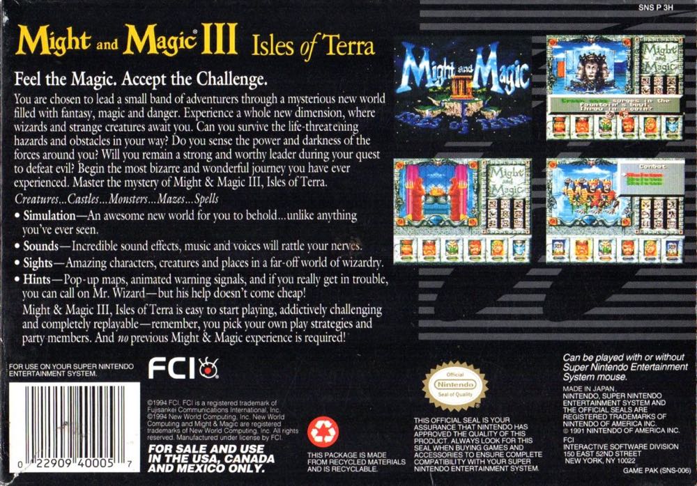 Might and Magic III: Isles of Terra - Nintendo Super Nintendo Entertainment System (SNES) (FCI - 1) video game collectible [Barcode 012909410057] - Main Image 2