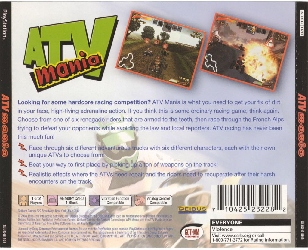 ATV Mania - Sony PlayStation (Gotham Games - 1-2) video game collectible [Barcode 710425232282] - Main Image 2