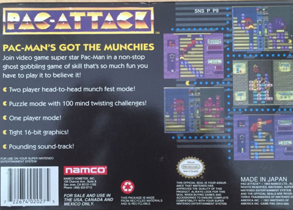 Pac Attack - Nintendo Super Nintendo Entertainment System (SNES) (Namco) video game collectible [Barcode 722674020275] - Main Image 2