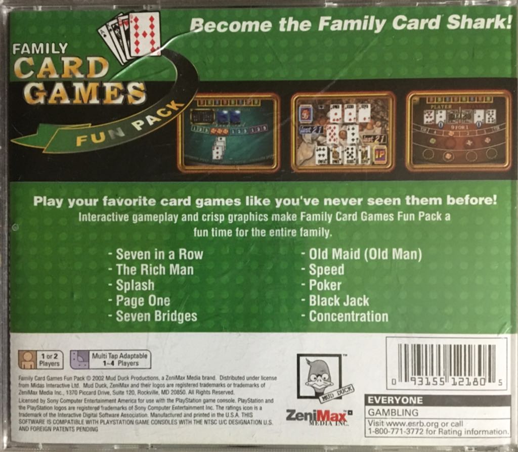 Family Card Games Fun Pack - Sony PlayStation (Mud Duck Productions - 4) video game collectible [Barcode 093155121805] - Main Image 2