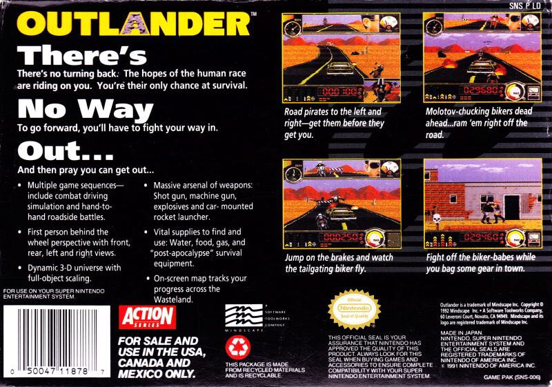 Outlander - Nintendo Super Nintendo Entertainment System (SNES) (Mindscape - 1) video game collectible [Barcode 050047118787] - Main Image 2