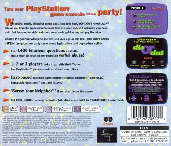 You Don’t Know Jack - Sony PlayStation (Sierra Entertainment - 3) video game collectible [Barcode 020626706377] - Main Image 2