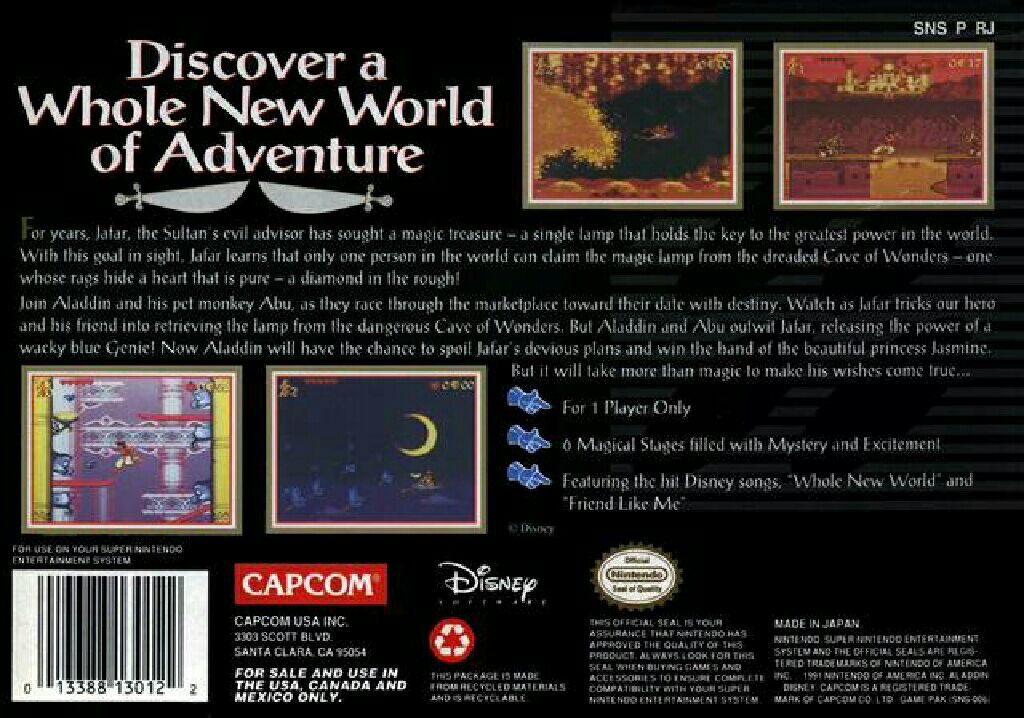 Disney’s Aladdin - Nintendo Super Nintendo Entertainment System (SNES) (Capcom U.S.A., Inc.) video game collectible - Main Image 2