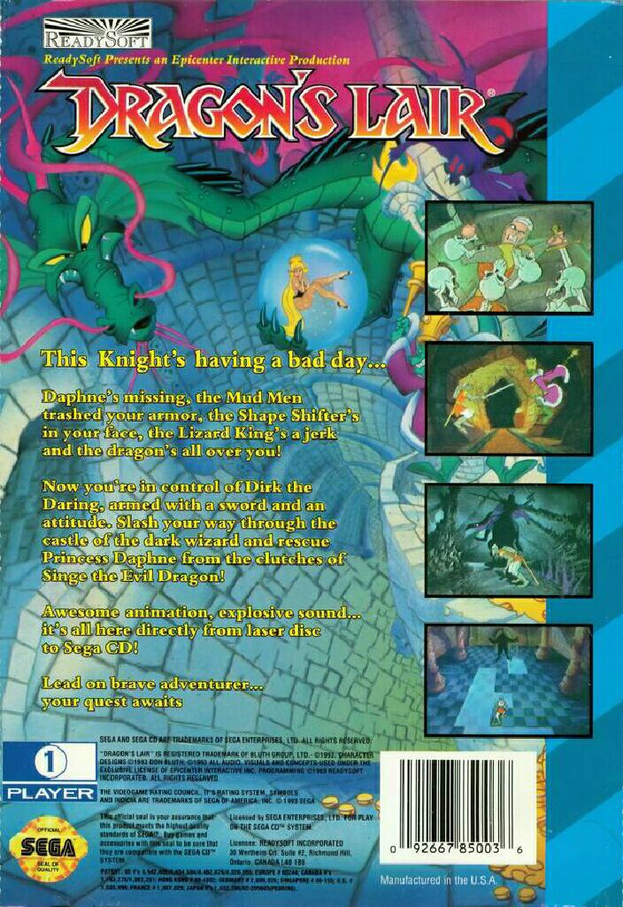 Dragon’s Lair - Sega CD (ReadySoft - 1) video game collectible [Barcode 092667850036] - Main Image 2