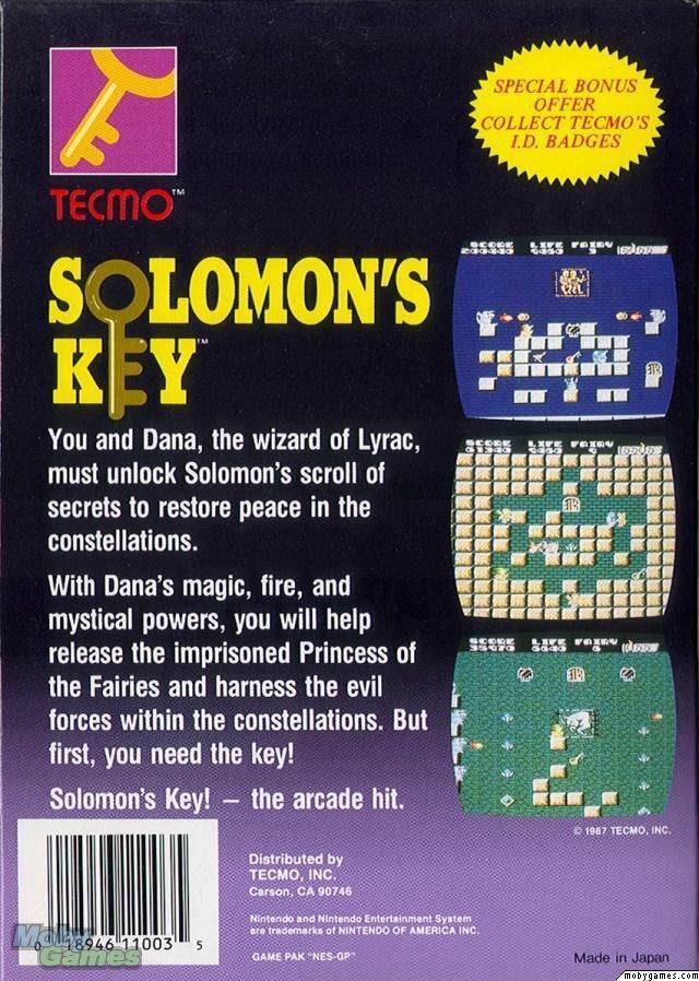 Solomon’s Key - Nintendo Entertainment System (NES) (Tecmo - 1) video game collectible [Barcode 018946110035] - Main Image 2