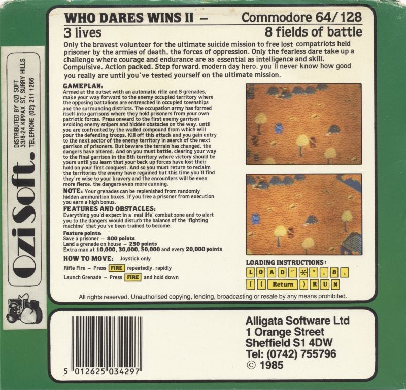 Who Dares Wins II - Commodore 64 (Alligata) video game collectible [Barcode 5015103882779] - Main Image 2