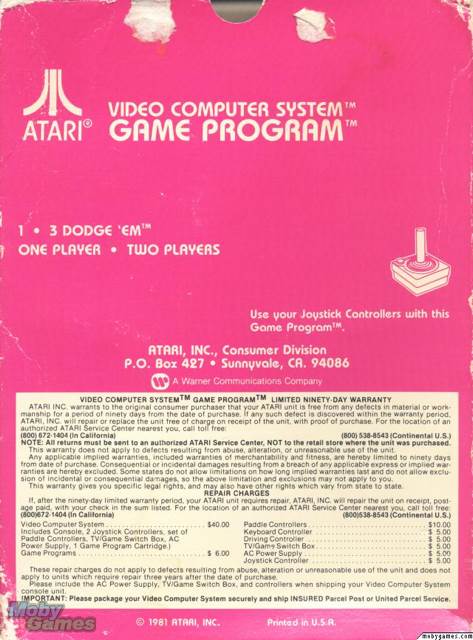 Dodge ’Em - Atari 2600 (Atari, Inc.) video game collectible - Main Image 2