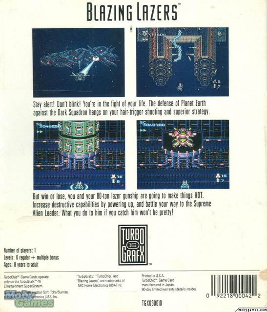 Blazing Lazers - NEC TurboGrafx-16 (Hudson Soft - 1) video game collectible [Barcode 092218000422] - Main Image 2