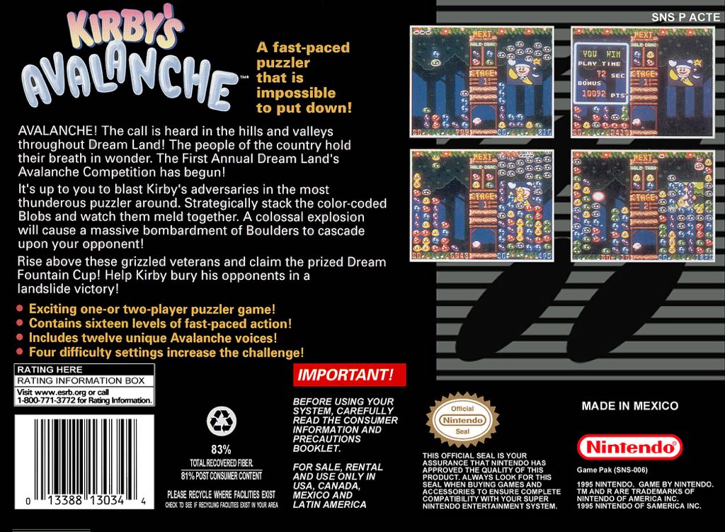 Kirby’s Avalanche - Nintendo Super Nintendo Entertainment System (SNES) (Nintendo - 2) video game collectible - Main Image 2