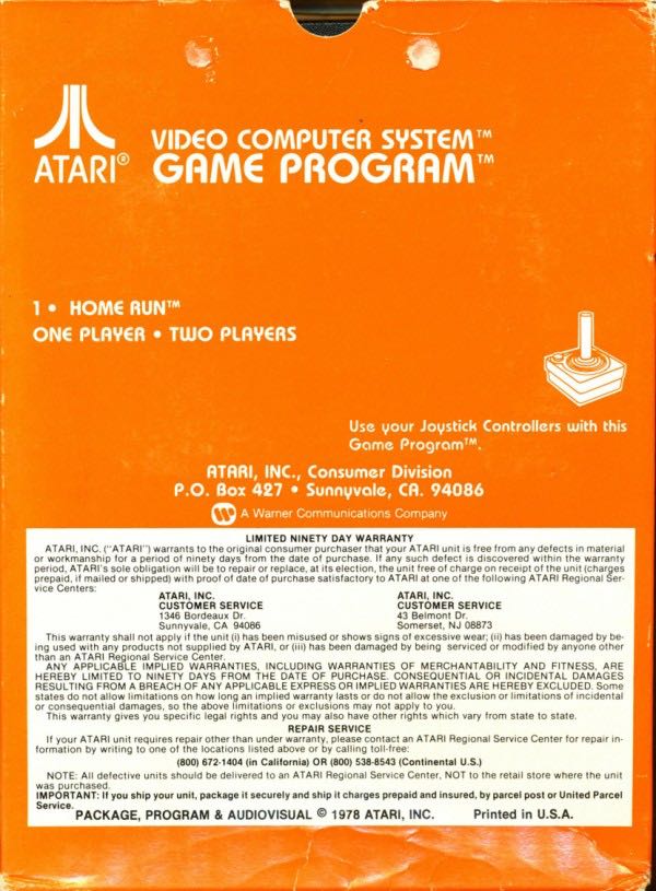 Home Run - Atari 2600 (Atari, Inc.) video game collectible - Main Image 2