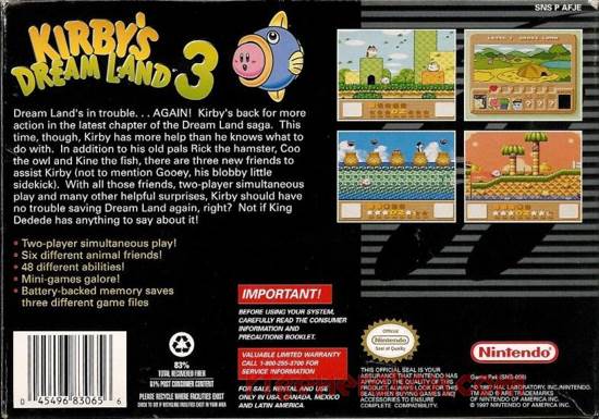 Kirby’s Dream Land 3 - Nintendo Super Nintendo Entertainment System (SNES) (Nintendo - 2) video game collectible [Barcode 045496830656] - Main Image 2