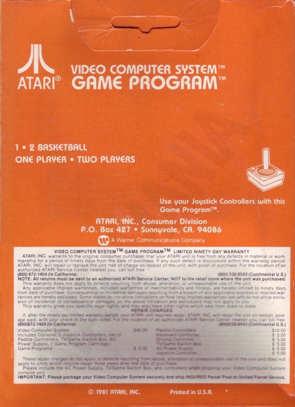 Basketball - Atari 2600 (Atari - 2) video game collectible - Main Image 2