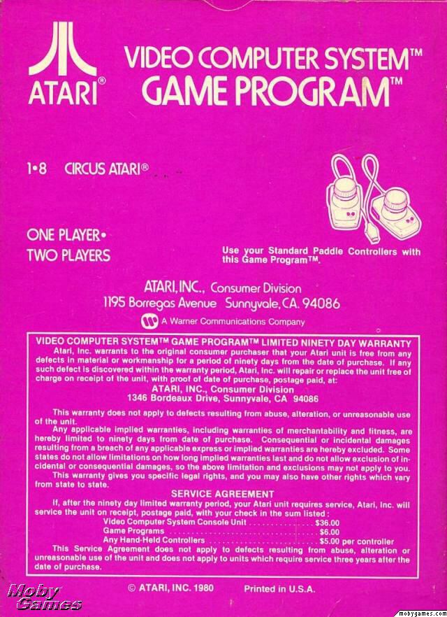 Circus Atari - Atari 2600 (Atari Inc. - 2) video game collectible - Main Image 2