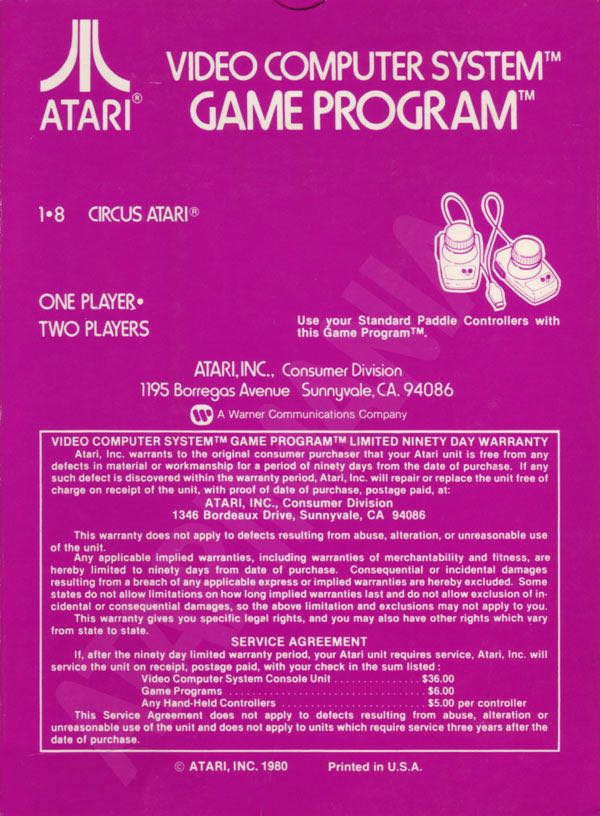 Circus Atari - Atari 2600 (Atari) video game collectible - Main Image 2