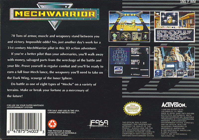 MechWarrior - Nintendo Super Nintendo Entertainment System (SNES) (Activision - 1) video game collectible - Main Image 2