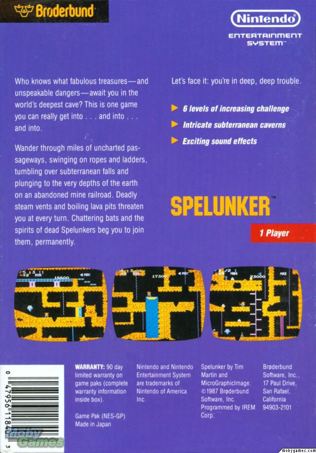 Spelunker - Nintendo Entertainment System (NES) (Brøderbund 3) video game collectible - Main Image 2