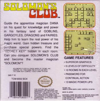 Solomon’s Club - Nintendo Game Boy (Tecmo - 1) video game collectible [Barcode 018946080017] - Main Image 2