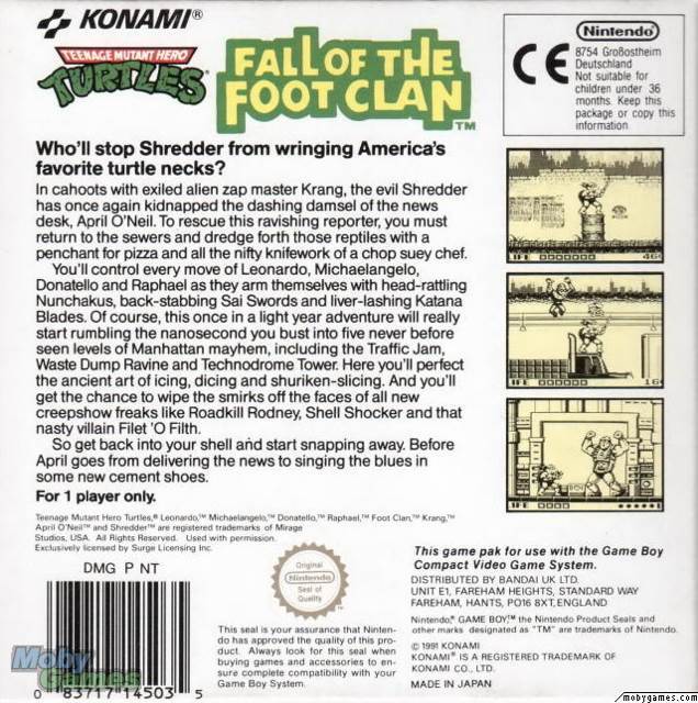 Teenage Mutant Ninja Turtles: Fall of the Foot Clan - Nintendo Game Boy (Konami - 1) video game collectible [Barcode 083717145035] - Main Image 2