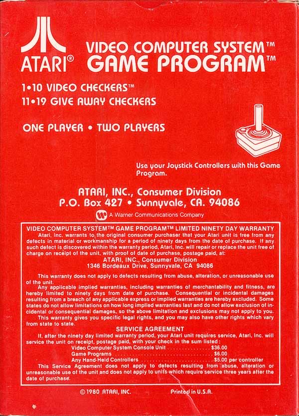 Video Checkers - Atari 2600 (Atari, Inc. - 1-2) video game collectible - Main Image 2