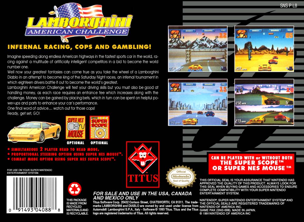Lamborghini American Challenge - Nintendo Super Nintendo Entertainment System (SNES) (Titus France - 1-2) video game collectible - Main Image 2