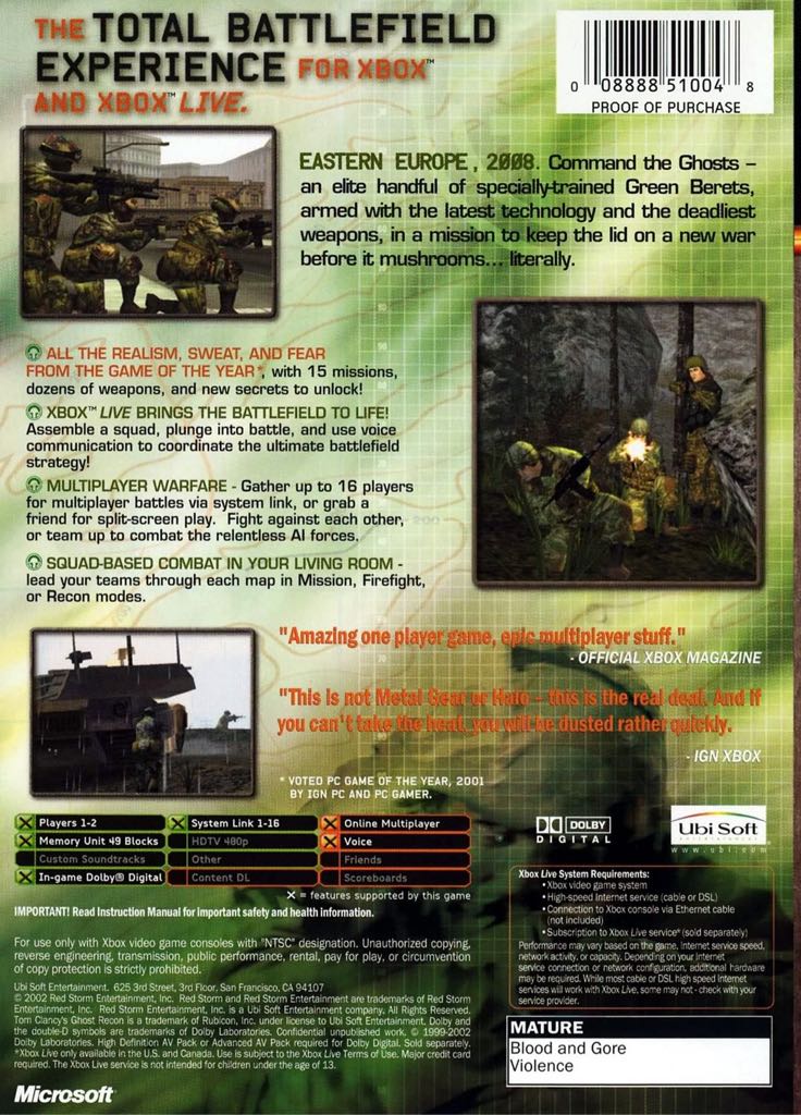 Tom Clancy’s Ghost Recon - Microsoft Xbox (Ubisoft - 1-4) video game collectible [Barcode 081100004075] - Main Image 2