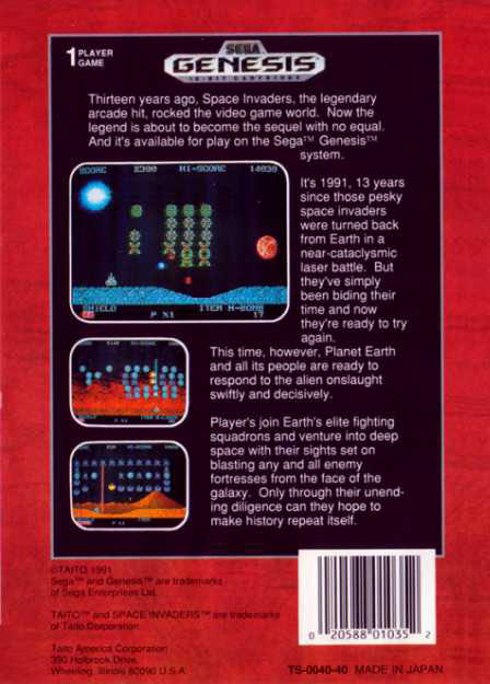 Space Invaders ’91 - Sega Genesis (Mega Drive) (Taito Corporation - 1) video game collectible [Barcode 020588010352] - Main Image 2