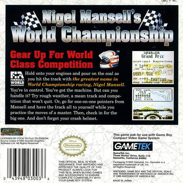 Nigel Mansell’s World Championship Racing - Nintendo Game Boy (GameTek) video game collectible - Main Image 2