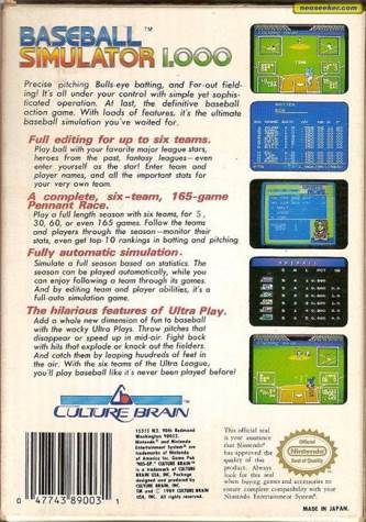 Baseball Simulator 1.000 - Nintendo Entertainment System (NES) (Culture Brain) video game collectible - Main Image 2