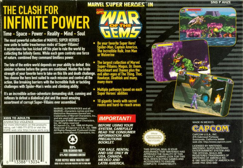 Marvel: Super Heroes in War of the Gems - Nintendo Super Nintendo Entertainment System (SNES) video game collectible - Main Image 2