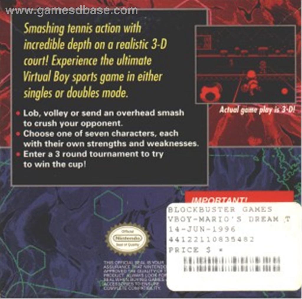Mario’s Tennis - Nintendo Virtual Boy video game collectible - Main Image 2