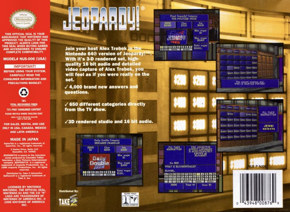 Jeopardy! - Nintendo 64 (N64) (GameTek - 3) video game collectible - Main Image 2