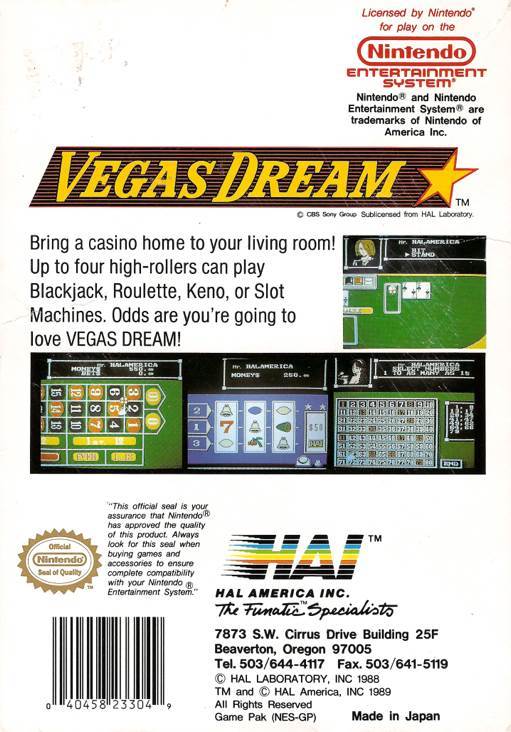 Vegas Dream - Nintendo Entertainment System (NES) (CBS Sony Group - 4) video game collectible [Barcode 040458233049] - Main Image 2