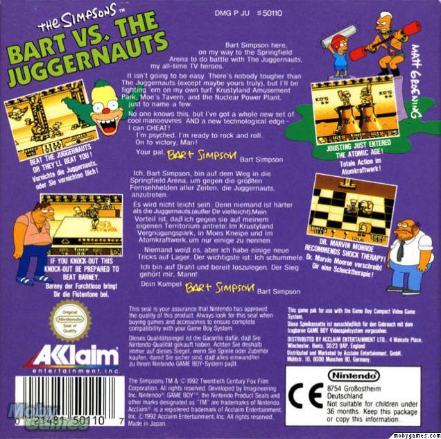 Bart Vs The Juggernauts - Nintendo Game Boy video game collectible - Main Image 2