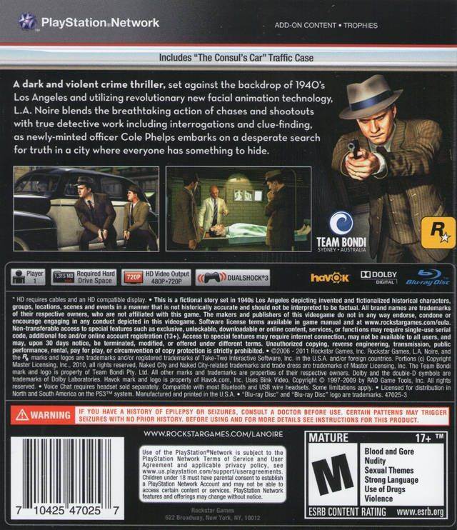 L.A. Noire - Sony PlayStation 3 (PS3) (Take-Two Interactive Software - 1) video game collectible [Barcode 5026555400428] - Main Image 2