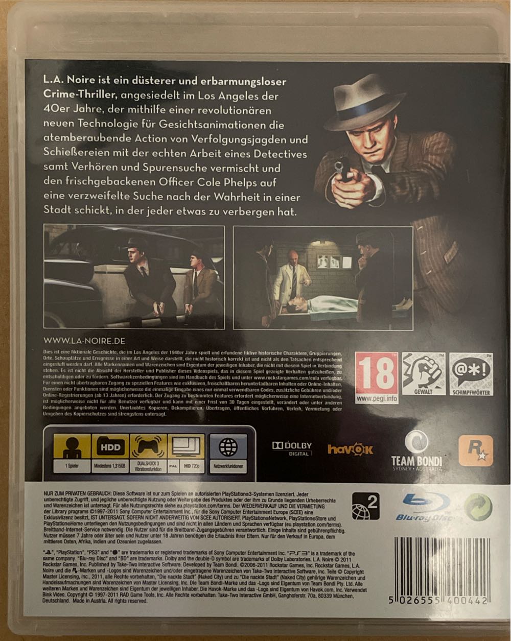 L.A. Noire - Sony PlayStation 3 (PS3) (Take Two Interactive - 1) video game collectible [Barcode 5026555400442] - Main Image 2
