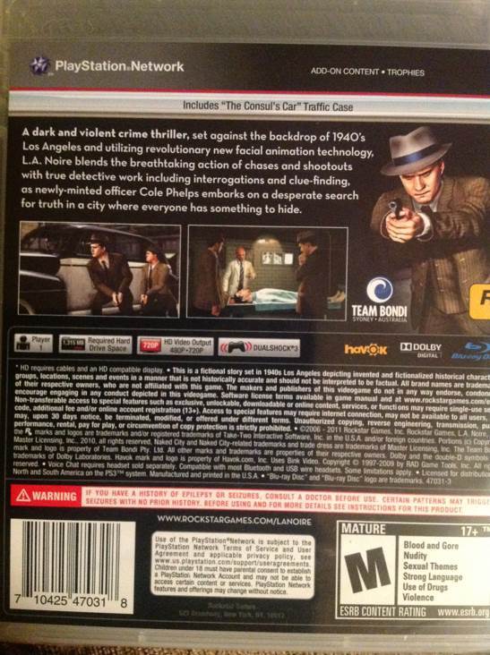 L.A. Noire - Sony PlayStation 3 (PS3) (Rockstar Games - 1) video game collectible [Barcode 710425470318] - Main Image 2