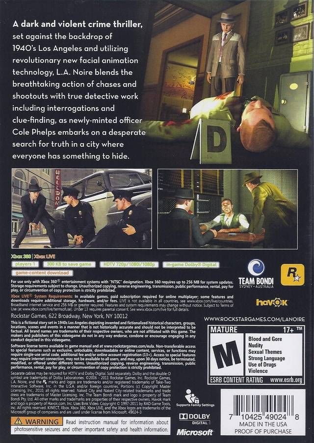 L.A. Noire - Microsoft Xbox 360 (Rockstar Games - 1) video game collectible [Barcode 710425490361] - Main Image 2