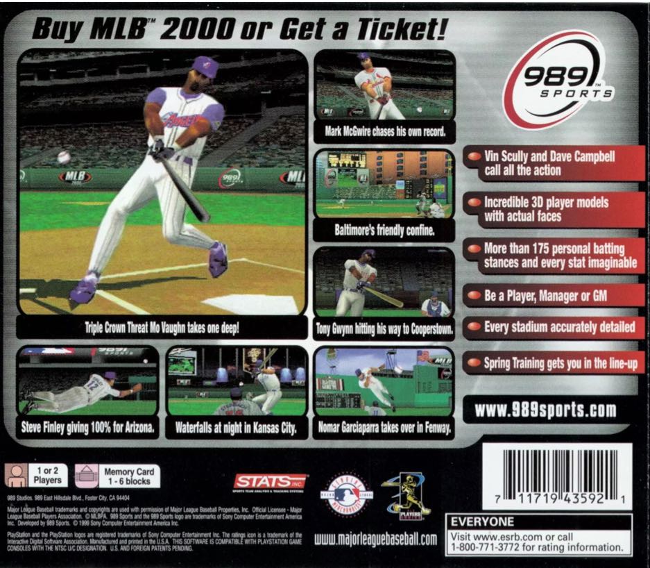 MLB 2000 - Sony PlayStation (989 Studios - 1-2) video game collectible [Barcode 711719435921] - Main Image 2