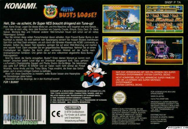 Tiny Toons Adventures: Buster Busts Loose! - Nintendo Super Nintendo Entertainment System (SNES) (Konami - 1) video game collectible [Barcode 083717150091] - Main Image 2