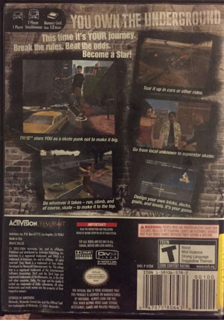Tony Hawk’s Underground - Nintendo GameCube (Activision - 2) video game collectible [Barcode 047875806436] - Main Image 2