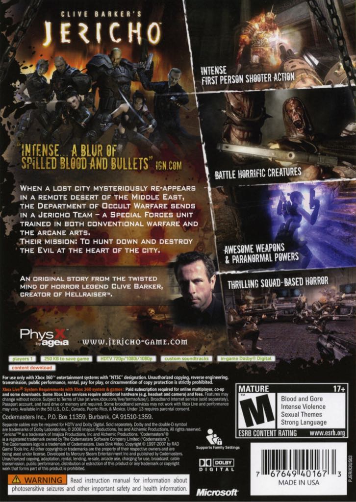 Clive Barker’s Jericho - Microsoft Xbox 360 (Codemasters - 1) video game collectible [Barcode 767649401710] - Main Image 2